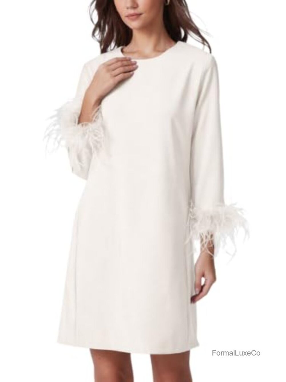 Feather Trim 3/4 Sleeve Mini Cocktail Dress Polyester Party